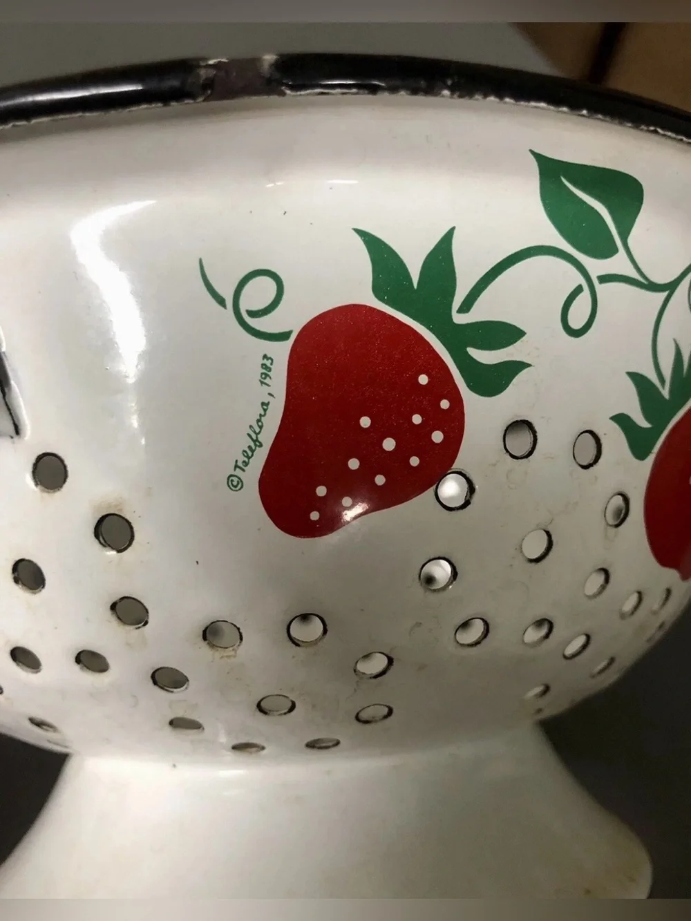 Vintage Teleflora White Enamel Strawberry Colander with Red & Green Motif
